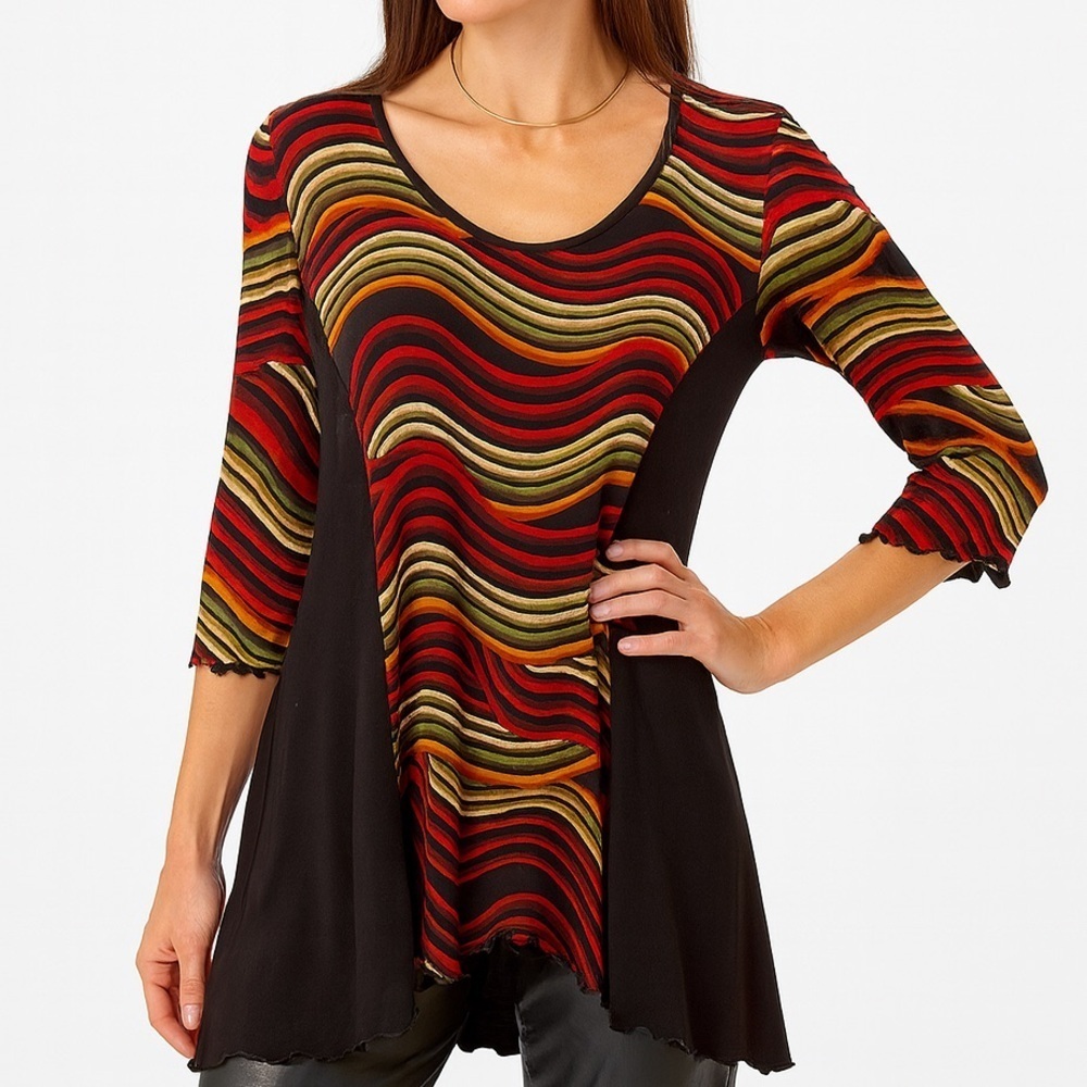 CAROLE TREMBLAY Tunic Top Lace Panel Statement Top Retro 80s Black Multicolour S